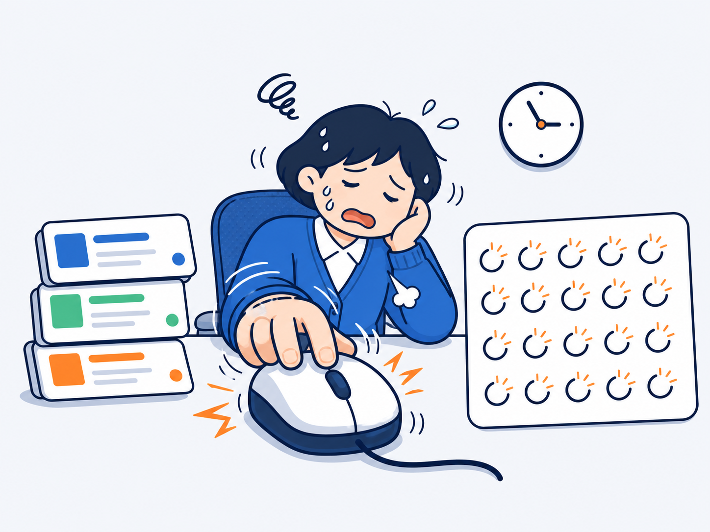 여러 메뉴를 찾아 반복해서 클릭하는 교직원 일러스트